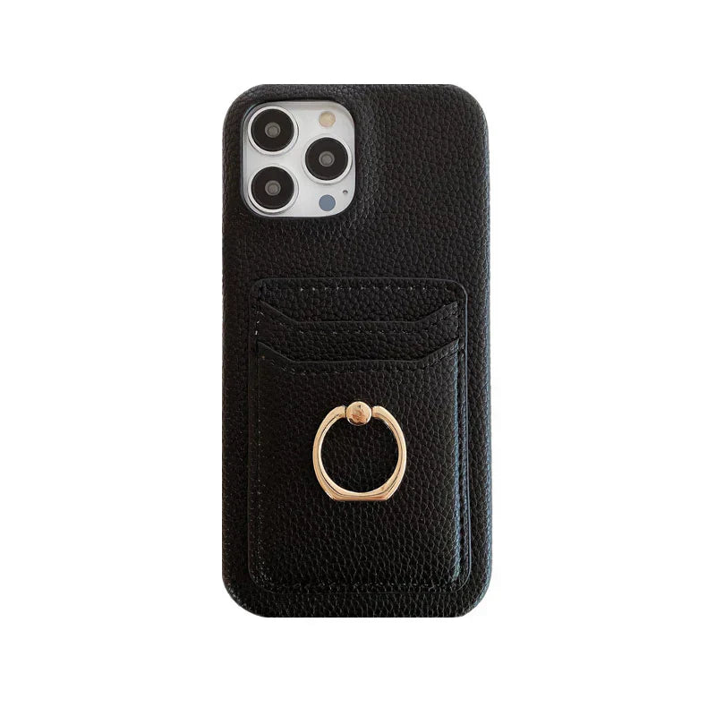 Black genuine leather ring holder phone case suitable for Apple phones