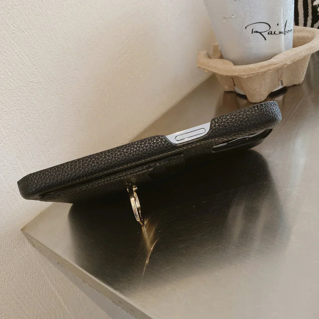 Black genuine leather ring holder phone case suitable for Apple phones