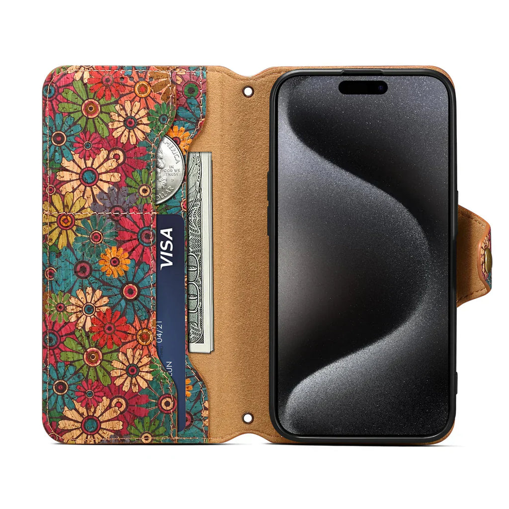 Flower Language Phone Case With Card Holder And Strap For iPhone Green-644008992037