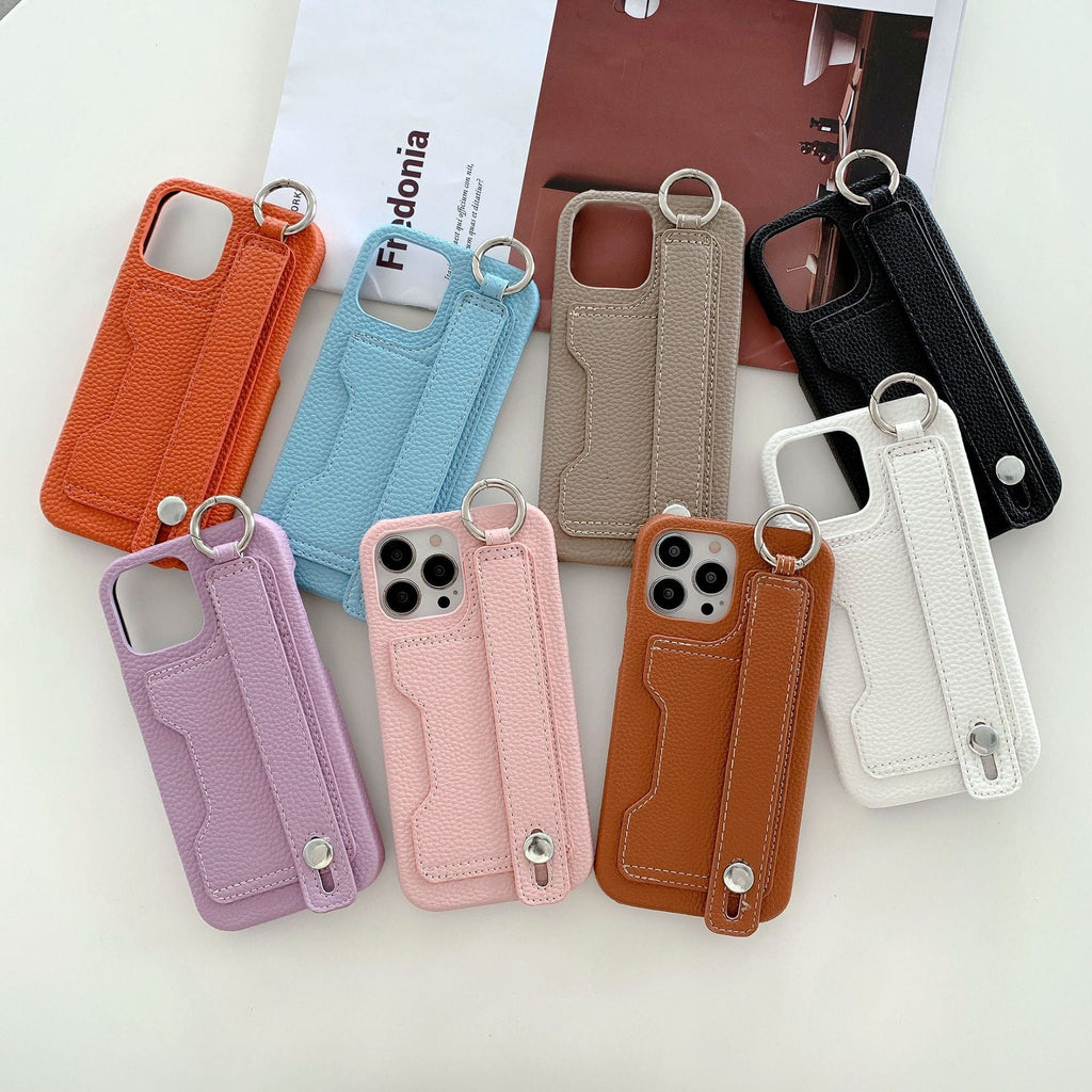 Stylish leather phone case, suitable for iPhone, with card slot and wrist strap protection