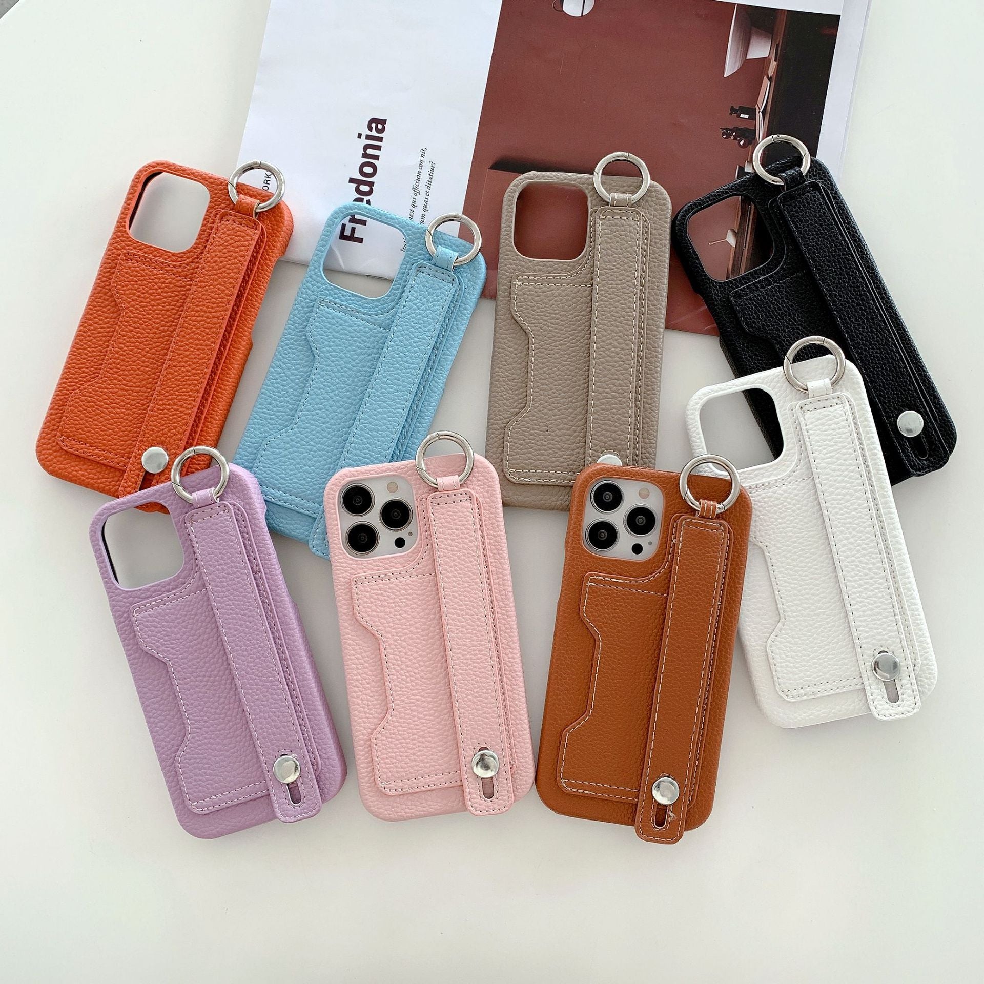 Stylish leather phone case, suitable for iPhone, with card slot and wrist strap protection