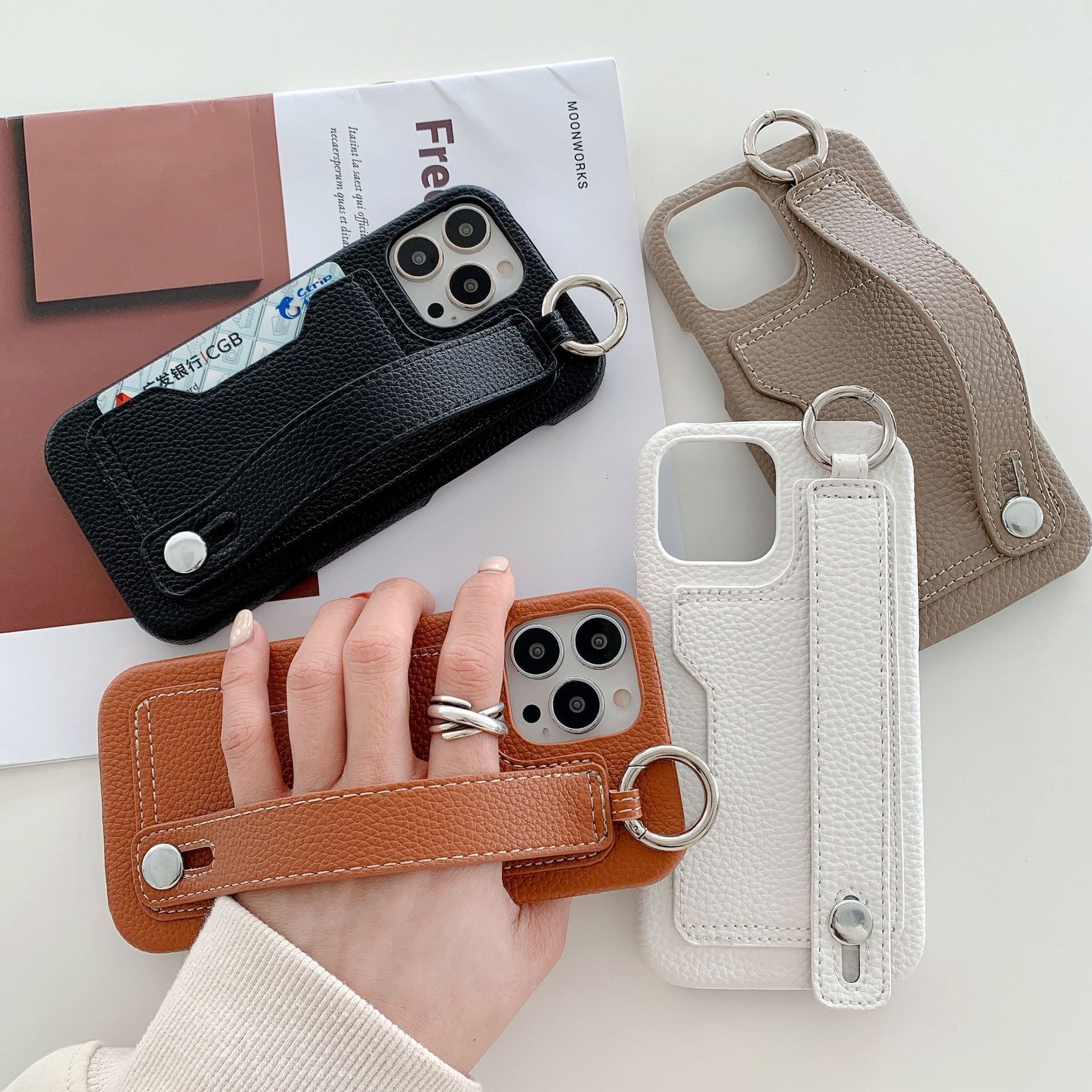 Stylish leather phone case, suitable for iPhone, with card slot and wrist strap protection