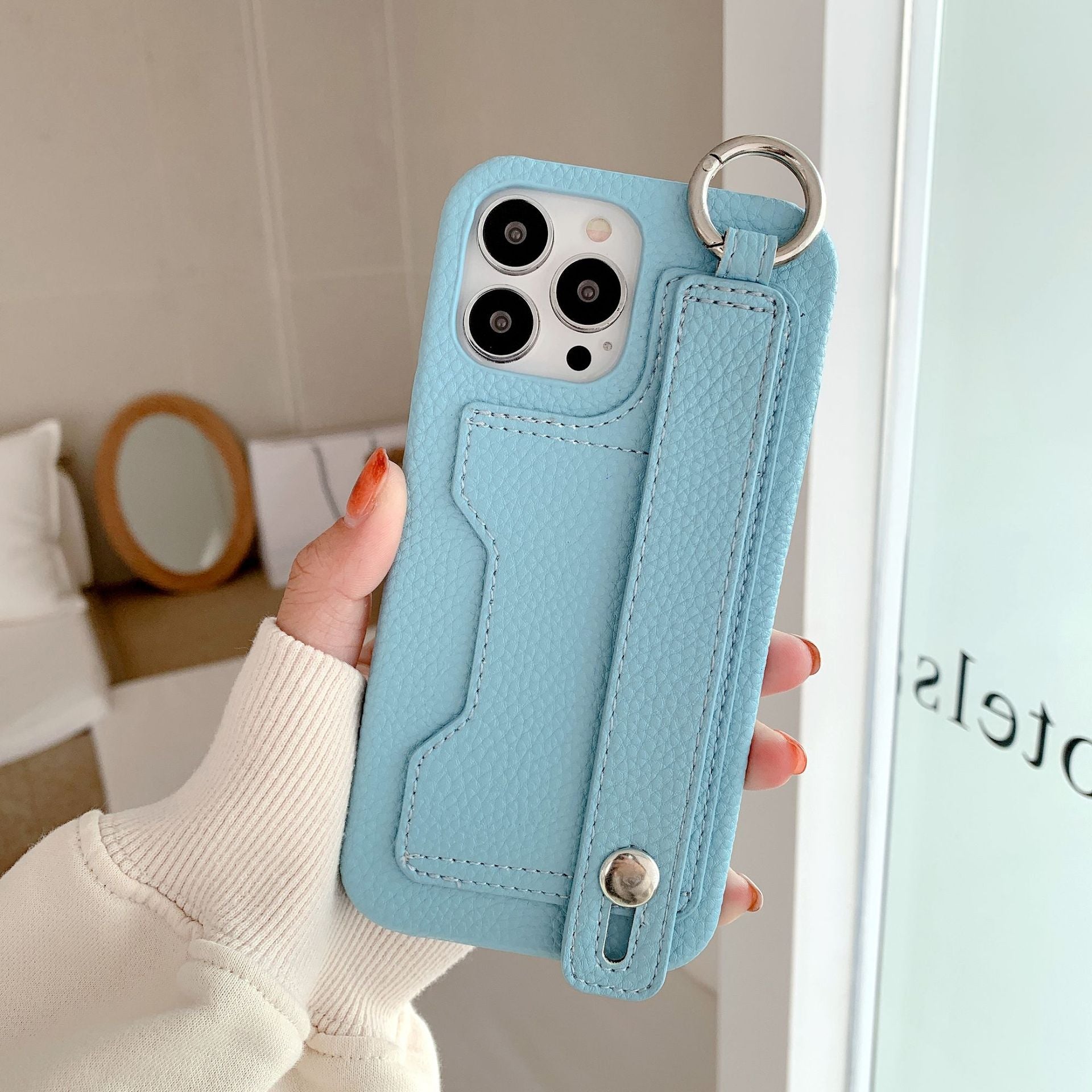 Stylish leather phone case, suitable for iPhone, with card slot and wrist strap protection
